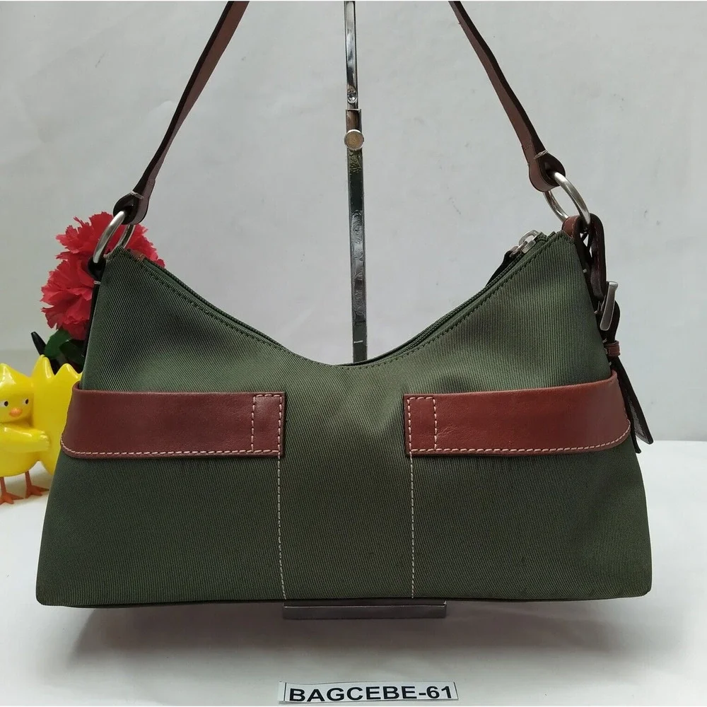 Fossil Oliver Green Nylon Leather Trim Zipper Closure Hobo Shoulder Bag